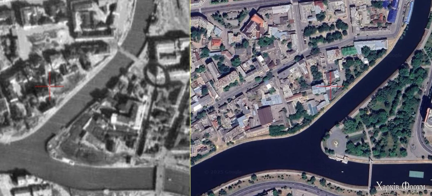 Аерофотозйомка скверу Стрілка - зараз і в ХХ столітті