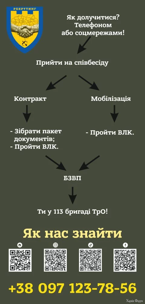 Рекрутинговий центр харківської окремої 113 бригади ТРО запрошує вмотивованих громадян на службу у війську ТРО
