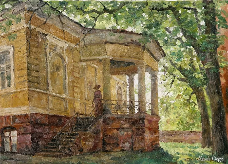 phoca_thumb_l_28. ЛІТНІЙ РАНОК. ДВІР НА ВУЛ. САДОВІЙ. 45 х 60, полотно, олія. 2012 р..webp