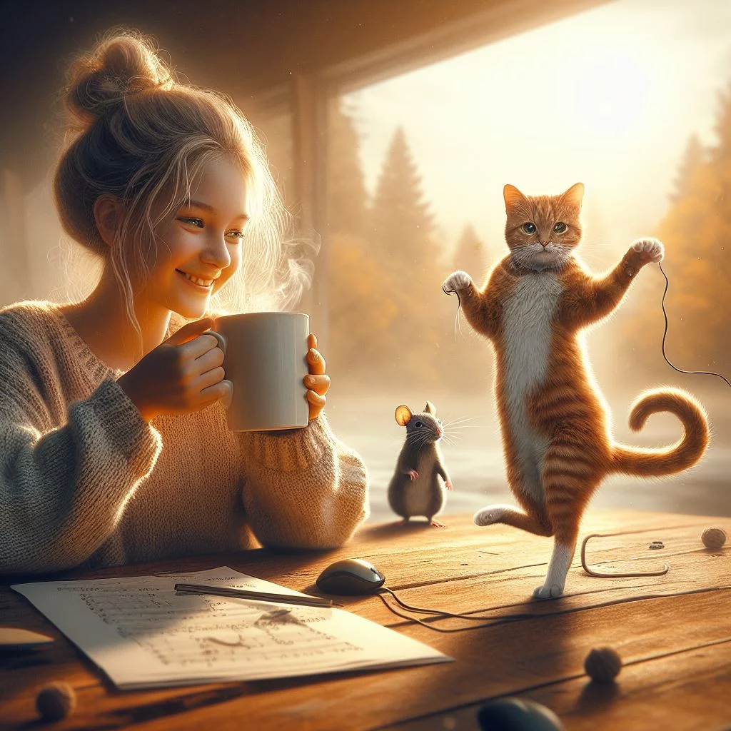  п'є каву поруч кіт танцює з мишею.webp