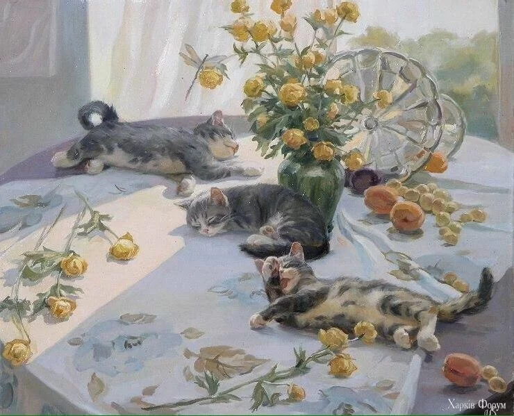 Натюрморт с кошками. Картина. Сергей Новосаджук 2009г..jpg