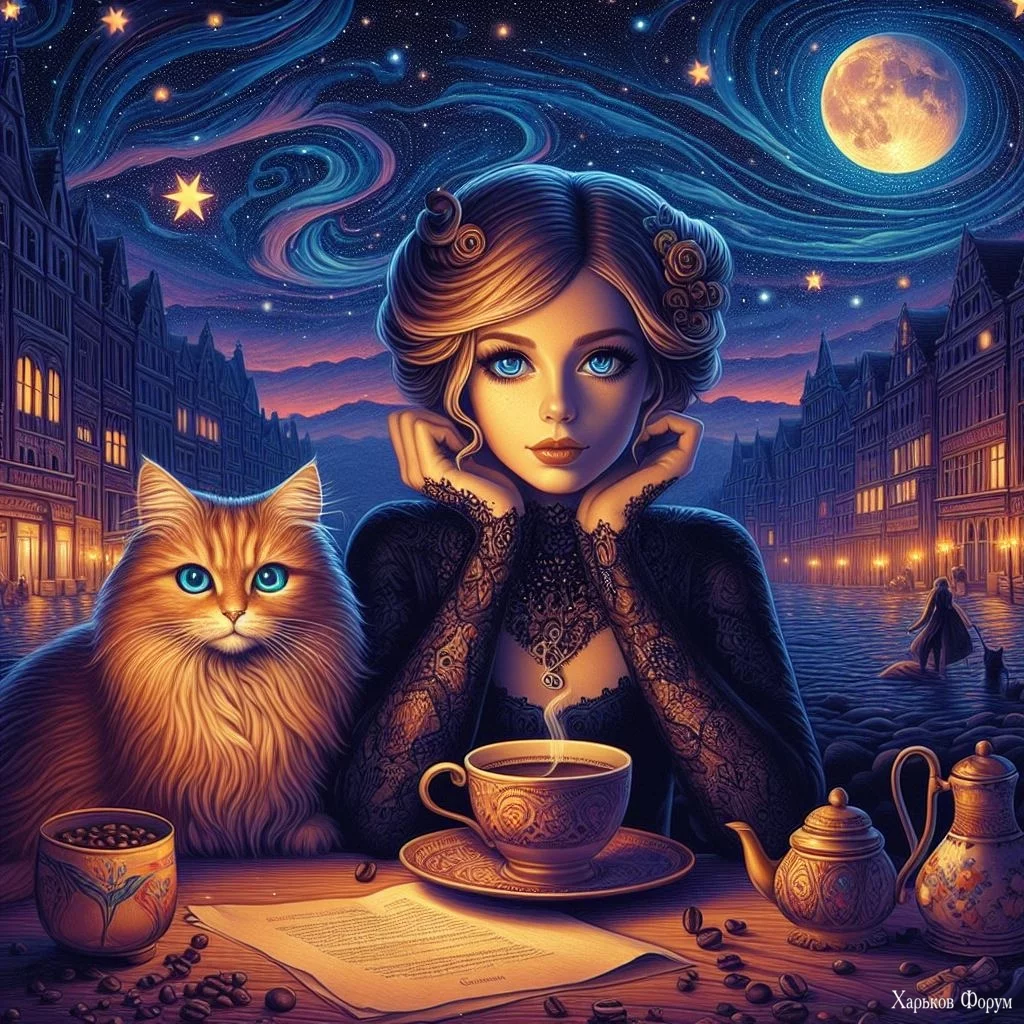 surrealism girl cat coffee evening beautiful stars 1.jpg