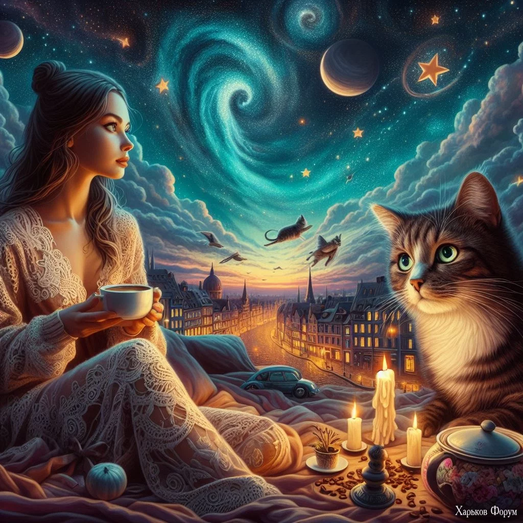 surrealism girl cat coffee evening beautiful stars 2.webp