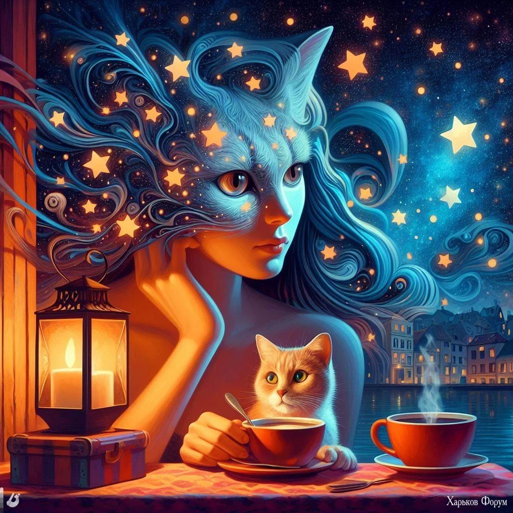 surrealism girl cat coffee evening beautiful stars 4.jpg