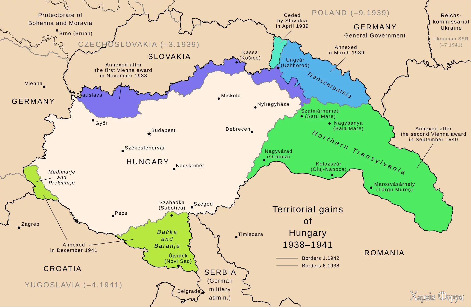 Угорщина розширює кордони у 1938 – 1941 роках – карта